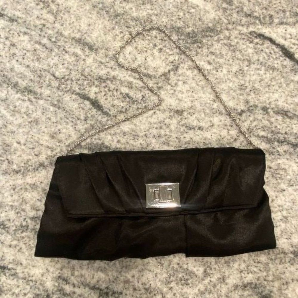 Francesca's Silky Black & Silver Evening Clutch Cocktail Handbag Purse
